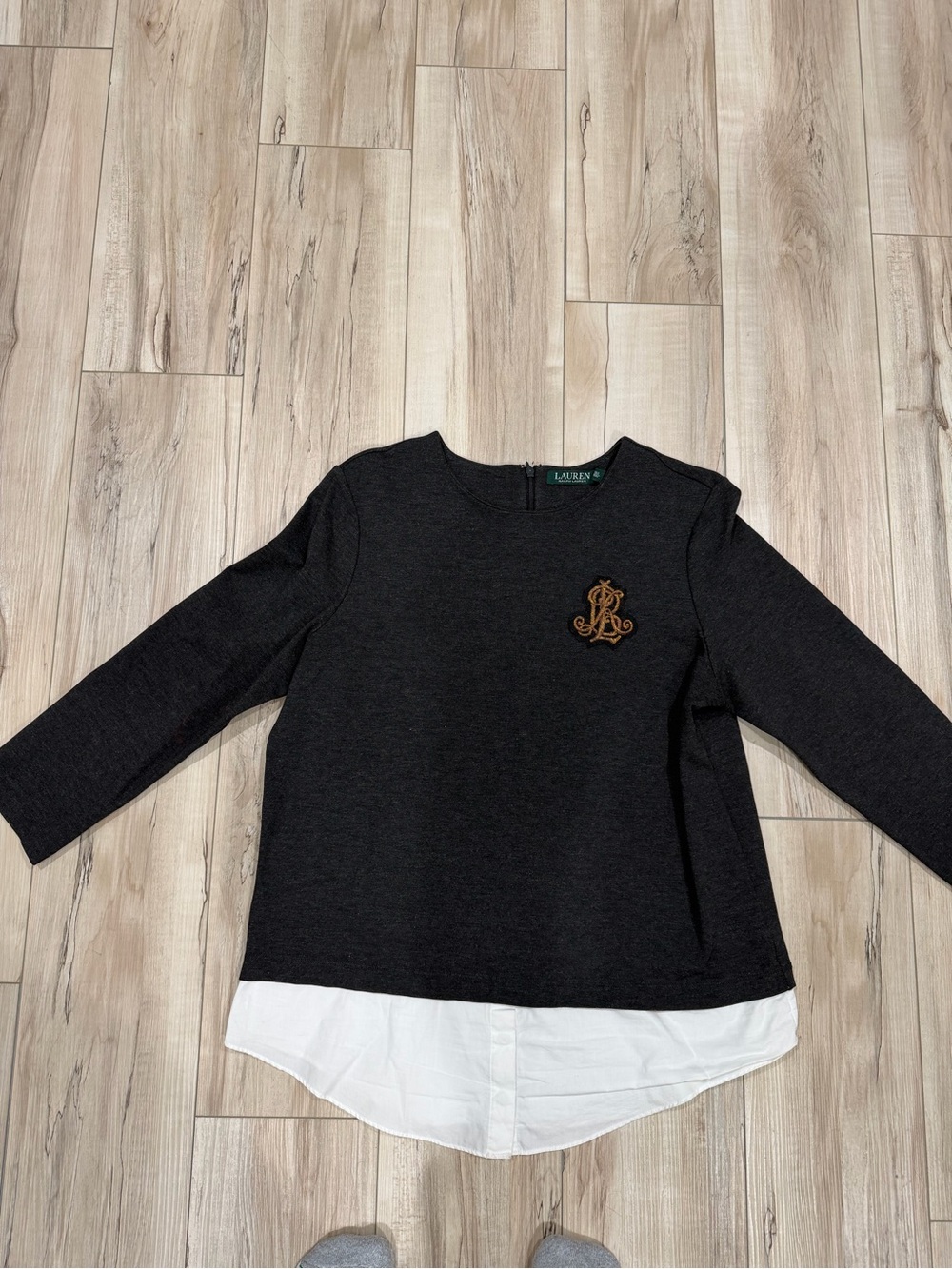 Ralph Lauren Black Sweater Top with White Hem and Gold Crest